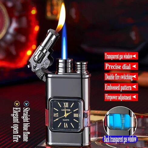 Metal Windproof Butane Lighter, Dual Flame Lighter, Direct Injection Switching Open Flame, Adjustable Gas Lighter, Jet Gas Butane Lighter Candle, Camping (Gas not Included)(Gray g) in Saudi Arabia
