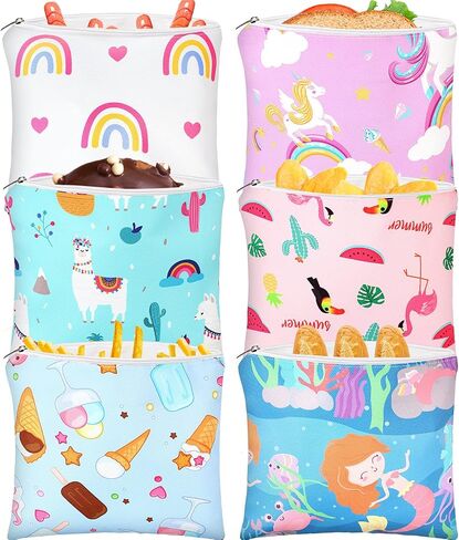 6 Pcs Reusable Snack Bags for Kids School Gift Food Safety Cute Washable Snack Bags for Kids Lunch with Zipper Kids Portable Sandwich Bag Food Storage Pouch Double Layer Zipper Pouch (Vivid Style) in Kuwait