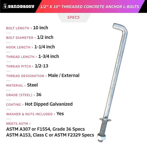 Sandbaggy 1/2 "× 10" مرساة خرسانية ملولبة L -bolts (المكسرات والغسالات المشمولة) - حار غطس مغطس - صفيحة عتبة ، صفيحة قاعدة ، البناء ، الخشب ، مرساة الأسمنت ، J الترباس (50 ، 1/2 "× 10") in Kuwait