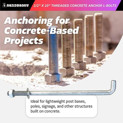 Sandbaggy 1/2 "× 10" مرساة خرسانية ملولبة L -bolts (المكسرات والغسالات المشمولة) - حار غطس مغطس - صفيحة عتبة ، صفيحة قاعدة ، البناء ، الخشب ، مرساة الأسمنت ، J الترباس (50 ، 1/2 "× 10") in Kuwait