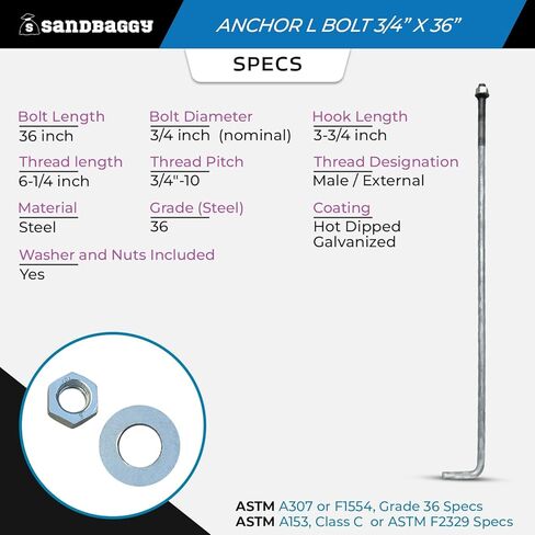 Sandbaggy 3/4" x 36" Threaded Concrete Anchor L-Bolts (Nuts & Washers Included) - Hot Dipped Galvanized - Sill Plate, Base Plate, Masonry, Wood, Cement Anchors, J Bolt (5, 3/4" x 36") in Saudi Arabia