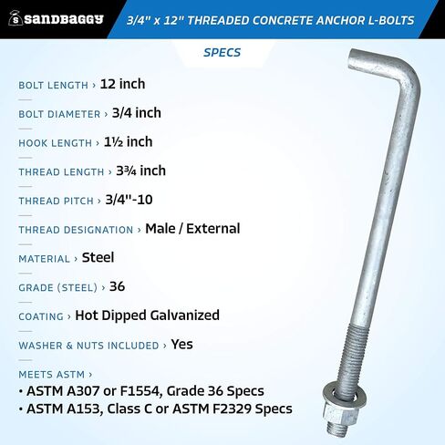 Sandbaggy 3/4" x 12" Threaded Concrete Anchor L-Bolts (Nuts & Washers Included) - Hot Dipped Galvanized - Sill Plate, Base Plate, Masonry, Wood, Cement Anchors, J Bolt (10, 3/4" x 12") in Saudi Arabia