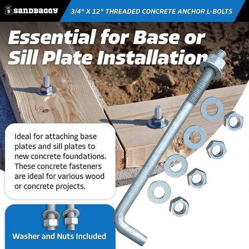 Sandbaggy 3/4" x 12" Threaded Concrete Anchor L-Bolts (Nuts & Washers Included) - Hot Dipped Galvanized - Sill Plate, Base Plate, Masonry, Wood, Cement Anchors, J Bolt (10, 3/4" x 12") in Saudi Arabia