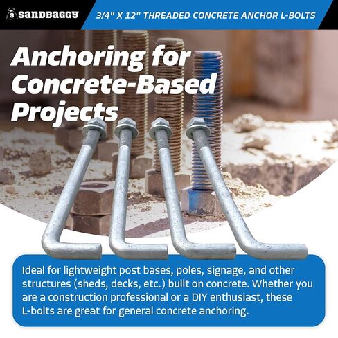 Sandbaggy 3/4" x 12" Threaded Concrete Anchor L-Bolts (Nuts & Washers Included) - Hot Dipped Galvanized - Sill Plate, Base Plate, Masonry, Wood, Cement Anchors, J Bolt (10, 3/4" x 12") in Saudi Arabia