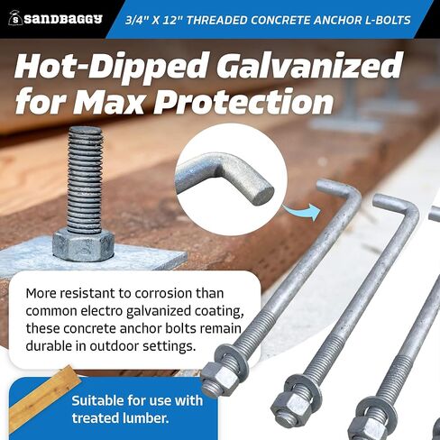 Sandbaggy 3/4" x 12" Threaded Concrete Anchor L-Bolts (Nuts & Washers Included) - Hot Dipped Galvanized - Sill Plate, Base Plate, Masonry, Wood, Cement Anchors, J Bolt (10, 3/4" x 12") in Saudi Arabia