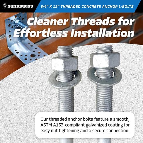 Sandbaggy 3/4" x 12" Threaded Concrete Anchor L-Bolts (Nuts & Washers Included) - Hot Dipped Galvanized - Sill Plate, Base Plate, Masonry, Wood, Cement Anchors, J Bolt (10, 3/4" x 12") in Saudi Arabia