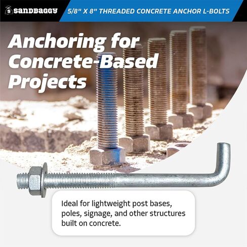 Sandbaggy 5/8" X 8" Threaded Concrete Anchor L-Bolts (Nuts & Washers Included) - Hot Dipped Galvanized - Sill Plate, Base Plate, Masonry, Wood, Cement Anchors, J Bolt (20, 5/8" x 8") in Saudi Arabia