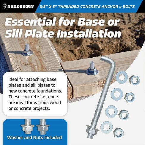 Sandbaggy 5/8" X 8" Threaded Concrete Anchor L-Bolts (Nuts & Washers Included) - Hot Dipped Galvanized - Sill Plate, Base Plate, Masonry, Wood, Cement Anchors, J Bolt (20, 5/8" x 8") in Saudi Arabia