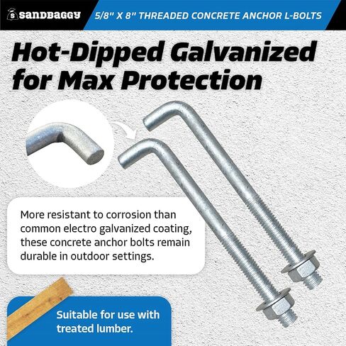 Sandbaggy 5/8" X 8" Threaded Concrete Anchor L-Bolts (Nuts & Washers Included) - Hot Dipped Galvanized - Sill Plate, Base Plate, Masonry, Wood, Cement Anchors, J Bolt (20, 5/8" x 8") in Saudi Arabia