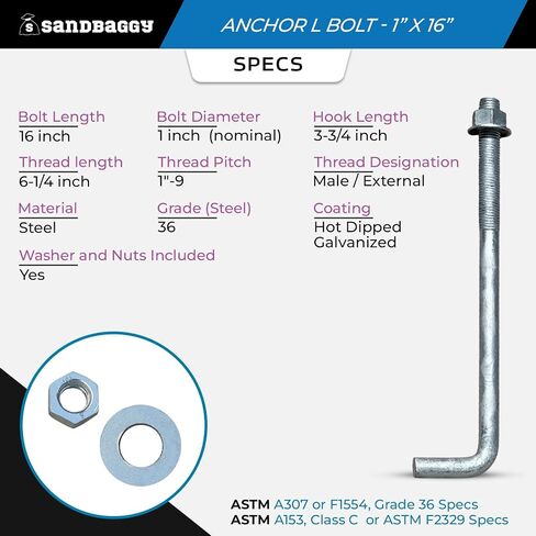 Sandbaggy 1" x 16" Threaded Concrete Anchor L-Bolts (Nuts & Washers Included) - Hot Dipped Galvanized - Sill Plate, Base Plate, Masonry, Wood, Cement Anchors, J Bolt (5, 1" x 16") in Saudi Arabia