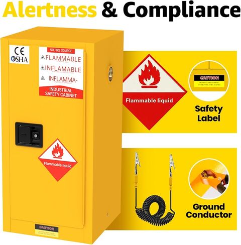 24 Gallon Flammable Storage Cabinet, 35'' x 23'' x 23'' Fire-Cabinet with ESD Grounding Cable, Alloy Steel Hazardous Storage Cabinets, Flammable Safety Cabinet for Chemical Industrial Garage Storage in Kuwait
