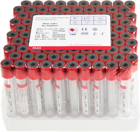 Veterinary Lab Vacuum Blood Collection Coagulation Tubes No Additive Tube Blood Collection Tube Pet Supplies, 5ml Red 100pcs in Kuwait