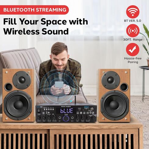 Pyle Wireless Bluetooth Stereo Power Amplifier - 200W Dual Channel Sound Audio Stereo Receiver System w/ RCA, USB, SD, MIC IN, FM Radio, For Home Theater Entertainment via RCA, Studio Use - PDA29BU in Saudi Arabia