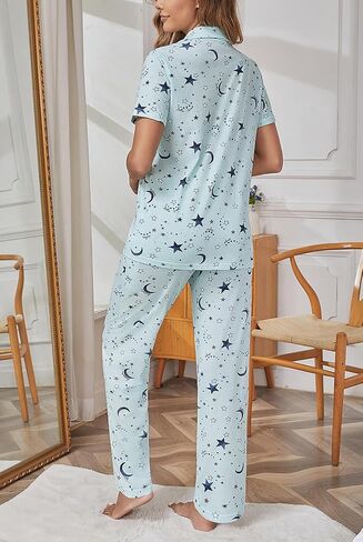 مجموعات Pnaeong Women Pajama ، زر من قطعتين أسفل PJ Top & Long Pants مع جيوب قصيرة الأكمام ملابس النوم ، S-2XL in Kuwait