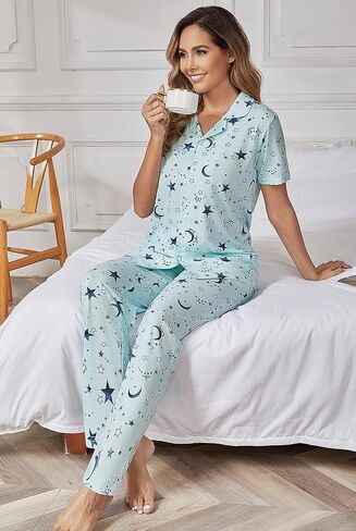 مجموعات Pnaeong Women Pajama ، زر من قطعتين أسفل PJ Top & Long Pants مع جيوب قصيرة الأكمام ملابس النوم ، S-2XL in Kuwait