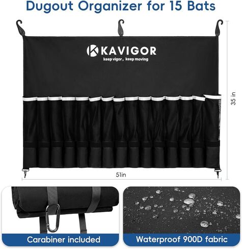 15-Bat Baseball/Softball Dugout Organizer - 900D Military-Grade Fabric & Reinforced Hooks, Holds Bats/Gloves on Fence in Kuwait
