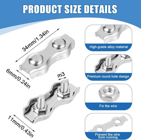 مشابك الكابلات 12pcs 1/8 بوصات مشبك سلك M3 مقاطع حبل سلك الفولاذ المقاوم للصدأ ، M3 مزدوجة مزدوجة كابل الترباس لحبل الأسلاك 1/8 بوصة in Saudi Arabia