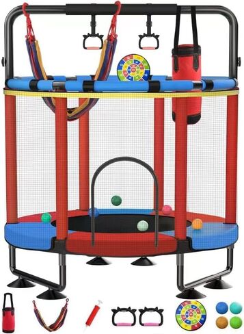 Trampoline for Kids, Upgrade Full Anti-Rust 440lbs Indoor Outdoor Toddler Trampoline with Net, 55" Adjustable Baby Toddler Trampolines Accessories with 8 Toys Dart Board in Saudi Arabia