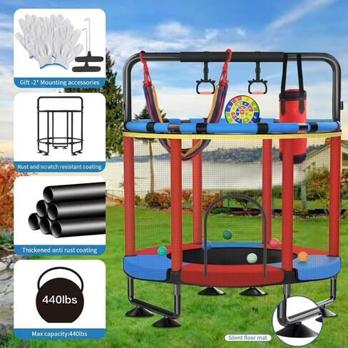 Trampoline for Kids, Upgrade Full Anti-Rust 440lbs Indoor Outdoor Toddler Trampoline with Net, 55" Adjustable Baby Toddler Trampolines Accessories with 8 Toys Dart Board in Saudi Arabia