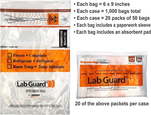 حارس المختبر SBL2AP69B بولي إيثيلين (مزيج LDPE/LLDPE) حقيبة عينة مع earzone ووساء ماصة ، رمز بيولوجي قابل للتدمير 50 ​​كيس (حزمة 20) in Saudi Arabia