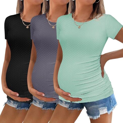 Ekouaer Womens Maternity Shirts 3 Packs Round Neck Short Sleeve Side Ruched Swiss Dot T Shirt Tops S-XXL in Saudi Arabia