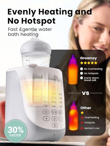 Grownsy Auto-Lift Nutri Bottle Warmer for Breastmilk & Formula, Gray | Fast Even Heat, Precise Temp, Retain Full Nutrients, Soft Night Light for Night Feeding, Compact 10-in-1 Baby Bottle Warmer in Saudi Arabia