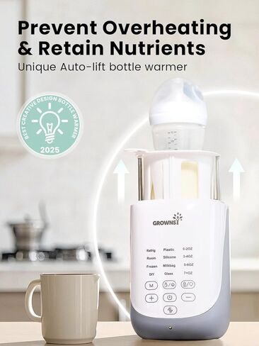 Grownsy Auto-Lift Nutri Bottle Warmer for Breastmilk & Formula, Gray | Fast Even Heat, Precise Temp, Retain Full Nutrients, Soft Night Light for Night Feeding, Compact 10-in-1 Baby Bottle Warmer in Saudi Arabia