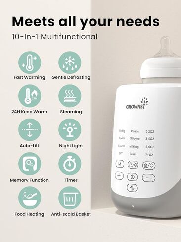 Grownsy Auto-Lift Nutri Bottle Warmer for Breastmilk & Formula, Gray | Fast Even Heat, Precise Temp, Retain Full Nutrients, Soft Night Light for Night Feeding, Compact 10-in-1 Baby Bottle Warmer in Saudi Arabia