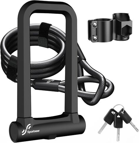 Sportneer Bike Lock: 18mm Heavy Duty Anti Theft Bike U Lock with 5ft Security Steel Cable - Shackle Bicycle U-Locks with 3 Keys & Sturdy Mounting Bracket for Road, Mountain, Electric & Folding Bike in Saudi Arabia