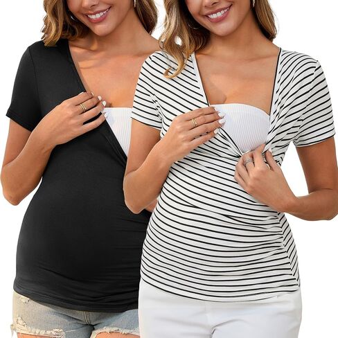قمم تمريض الأمومة النسائية Ruched Wrap v الرقبة القصيرة الأكمام الرضاعة الطبيعية ثي شيرت الملابس 2 عبوة in Saudi Arabia