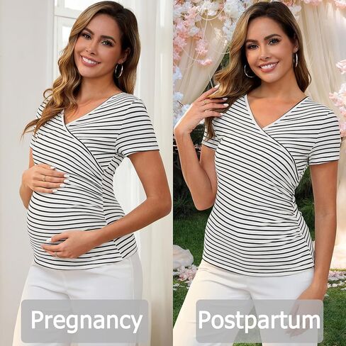 قمم تمريض الأمومة النسائية Ruched Wrap v الرقبة القصيرة الأكمام الرضاعة الطبيعية ثي شيرت الملابس 2 عبوة in Saudi Arabia