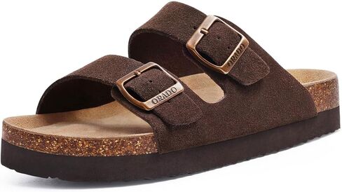 Platform Suede Sandals for Women Soft Cork Footbed Summer Slides with Adjustable Buckle, Black 39 (size 8-8.5) in Saudi Arabia
