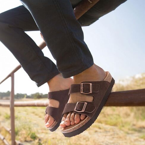 Platform Suede Sandals for Women Soft Cork Footbed Summer Slides with Adjustable Buckle, Black 39 (size 8-8.5) in Saudi Arabia
