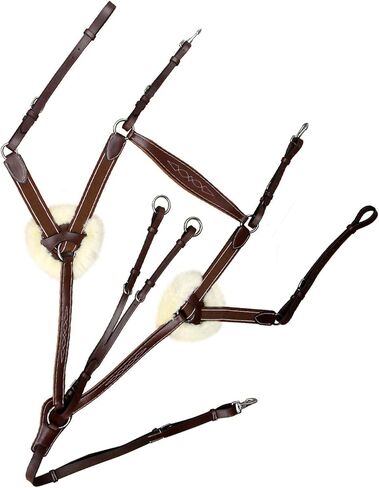 Leather 5‑Point Breastplate for Horses with Running Martingale – Exion English Breast Collar in Vegetable‑Tanned Leather with Original Fur Padding & Brass Gold Hardware in Saudi Arabia