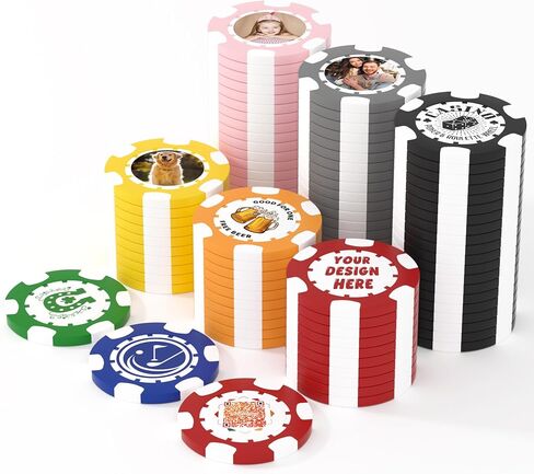 25 Custom Clay Poker Chips, 40mm Heavy 11.5g Casino Sized Personalized Poker Chips with Your Logo, Image or Text, Custom Drink Tokens for Bar, Party, Tournaments, Golf Club or Events in Kuwait