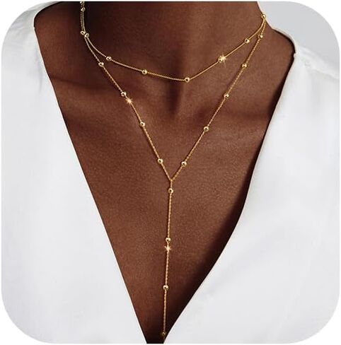 Luxval Lariat Silver Necklace for Women, Dainty Long Necklace Silver Y-Shaped Pendant Necklaces Trendy Beaded Chain Drop Necklaces Jewelry for Women Gifts in Kuwait
