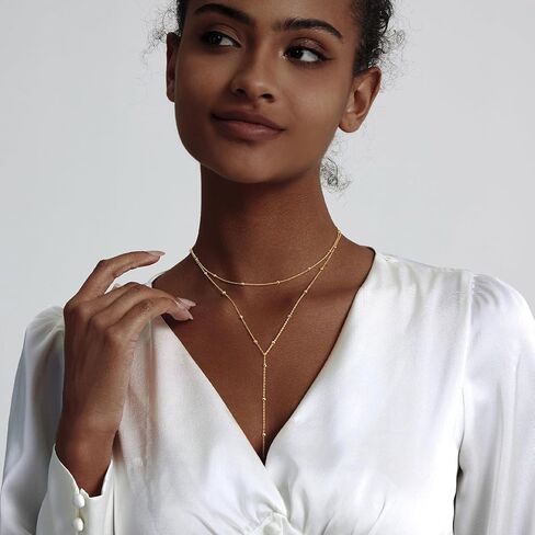 Luxval Lariat Silver Necklace for Women, Dainty Long Necklace Silver Y-Shaped Pendant Necklaces Trendy Beaded Chain Drop Necklaces Jewelry for Women Gifts in Kuwait