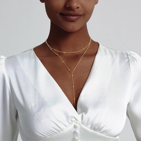 Luxval Lariat Silver Necklace for Women, Dainty Long Necklace Silver Y-Shaped Pendant Necklaces Trendy Beaded Chain Drop Necklaces Jewelry for Women Gifts in Kuwait