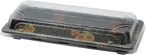 Small Black Sushi Trays with Lids 8.75 x 3.75 Inch - Disposable Sushi Packaging Box, Carry Out Container, Take Out Boxes, Black Plastic To Go Containers, Entrees, Appetizers or Desserts (100) in Kuwait