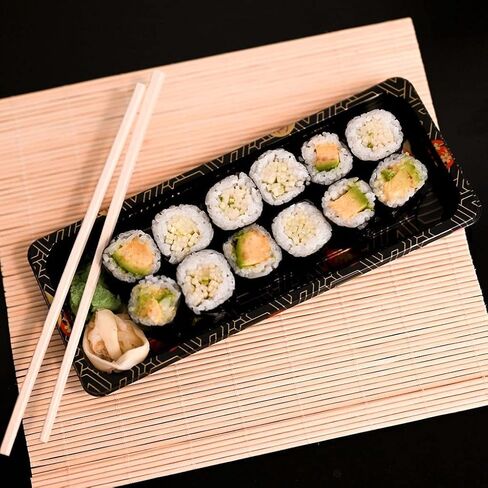 Small Black Sushi Trays with Lids 8.75 x 3.75 Inch - Disposable Sushi Packaging Box, Carry Out Container, Take Out Boxes, Black Plastic To Go Containers, Entrees, Appetizers or Desserts (100) in Kuwait