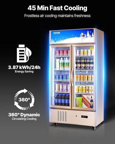 VEVOR Commercial Merchandiser Refrigerator 2 Glass Doors, Cubic Ft, Upright Display Beverage Cooler 79" Tall x 39.4" Width, Fridge with LED Lighting for Drink Wine Soda, Gold, 23 cu.ft in Saudi Arabia