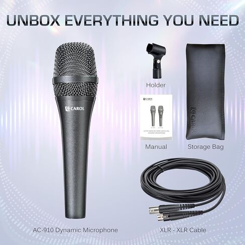 CAROL AC-910 XLR Wired Vocal Microphone – Dynamic Cardioid Mic with Dual-Engine AHNC Noise Cancelling Tech for Singing, Karaoke, Stage & Studio, Includes Microphone, Mic Clip & 14.8ft XLR Cable in Kuwait