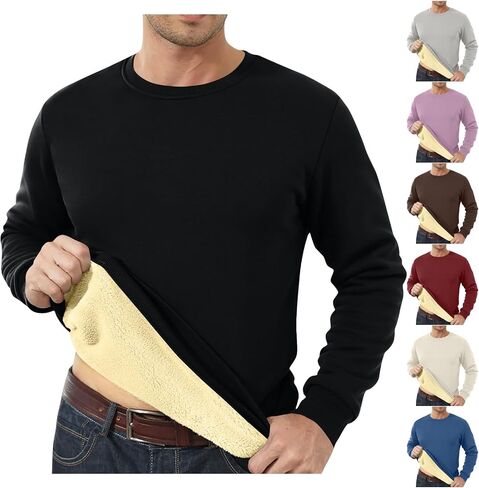 Thermal Shirts for Men Fleece Lined Sweatshirt Warm Sherpa Pullover Crewneck Sweatshirts Winter Thermal Tops in Saudi Arabia