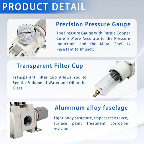 WEITENG 1 "NPT Compressed Filter Filter Combo ، 5 Micron Brass Filter ، Semi-Auto Drain ، Polycarbonate Bowl ， 0-150 PSI Gauge ، for Industrial Pneumatic Air in Saudi Arabia