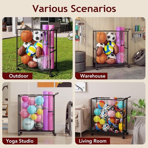Ball Storage Bin Rolling Sports Ball Cart, Metal Garage Organizer Sport Rack, Ball Basket Storage, Ball Cage for Garage or Gym, Indoor & Outdoor Sports Equipment Organizer Black in Saudi Arabia
