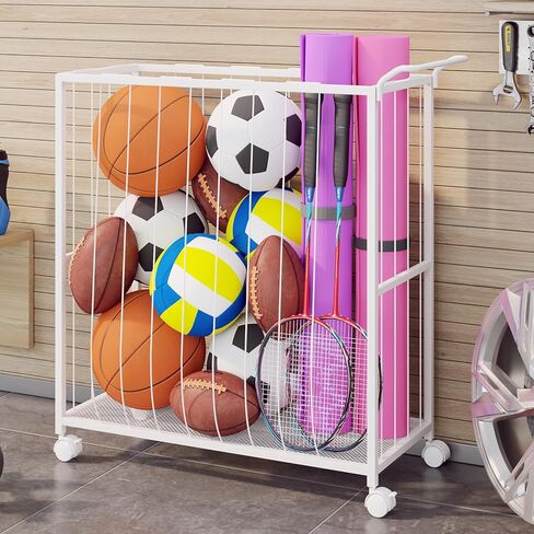 Ball Storage Bin Rolling Sports Ball Cart, Metal Garage Organizer Sport Rack, Ball Basket Storage, Ball Cage for Garage or Gym, Indoor & Outdoor Sports Equipment Organizer Black in Kuwait