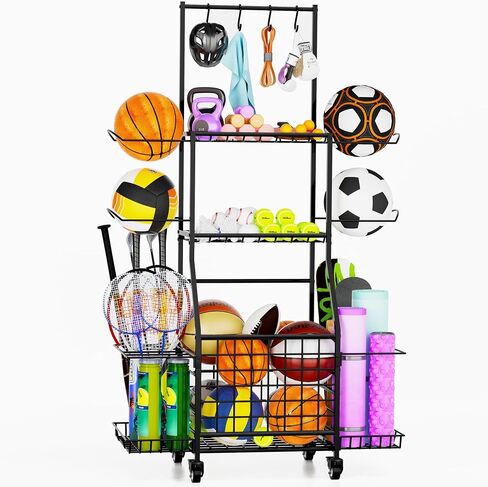 Sports Equipment Storage for Garage, Ball Rack Sports Organizer Multi Tier Rolling Ball Storage Cart Outdoor Organizer with Wheels for Toys, Sport Gear in Saudi Arabia