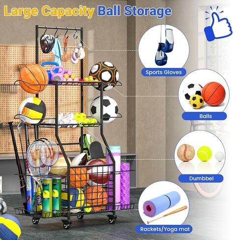 Sports Equipment Storage for Garage, Ball Rack Sports Organizer Multi Tier Rolling Ball Storage Cart Outdoor Organizer with Wheels for Toys, Sport Gear in Saudi Arabia