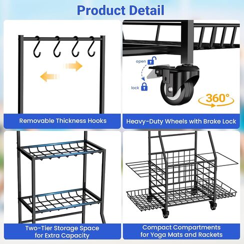 Sports Equipment Storage for Garage, Ball Rack Sports Organizer Multi Tier Rolling Ball Storage Cart Outdoor Organizer with Wheels for Toys, Sport Gear in Saudi Arabia