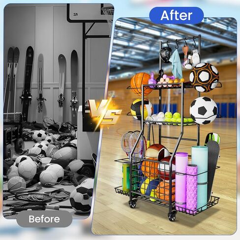 Sports Equipment Storage for Garage, Ball Rack Sports Organizer Multi Tier Rolling Ball Storage Cart Outdoor Organizer with Wheels for Toys, Sport Gear in Saudi Arabia
